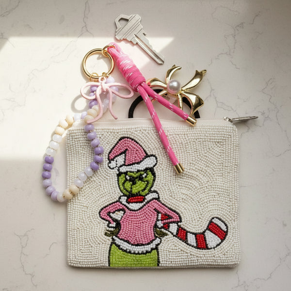 Christmas Grinch Green Monster Seed Beaded Mini Pouch Bag