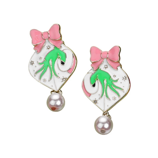 Pearl Dangle Enamel Christmas Grinch Hand Earrings