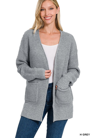 Low Gauge Waffle Open Cardigan Sweater | Grey