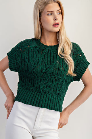 Cable Knit Short Sleeve Sweater Top | Hunter Green