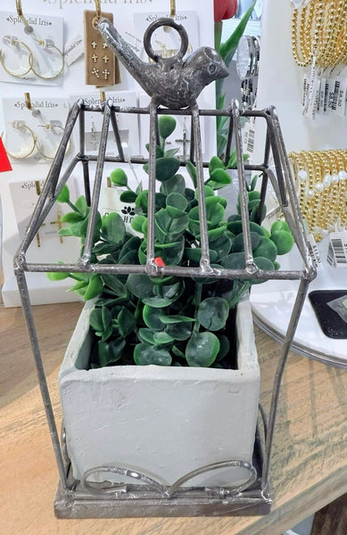 Graywash Metal Birdcage w/Cement Planter