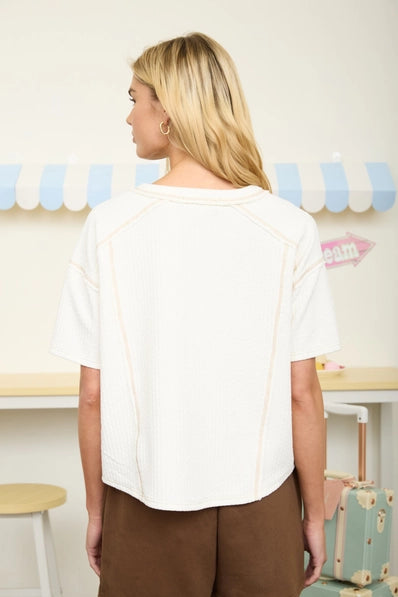 Textured Knit Short Sleeve Henley Knit Top | Ivory