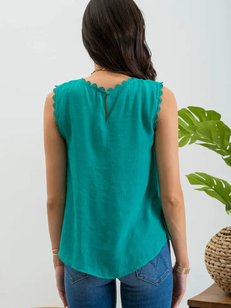 Sleeveless Lace Edge Woven Top | Kelly Green