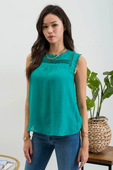 Sleeveless Lace Edge Woven Top | Kelly Green