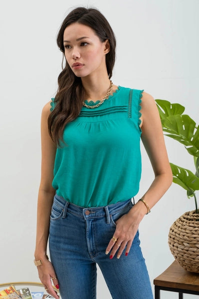 Sleeveless Lace Edge Woven Top | Kelly Green