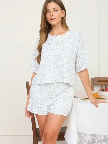 Floral Short Sleeve Henley Knit Top | Blue Multi