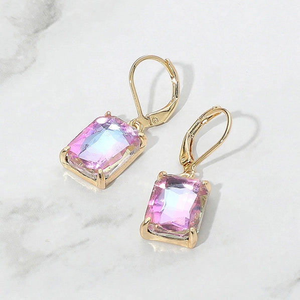 Rectangular Glass Stone Drop Dangle Earrings | Lavender