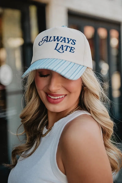 Always Late Vintage Style Trucker Hats For Graduation | Light Blue Stripe