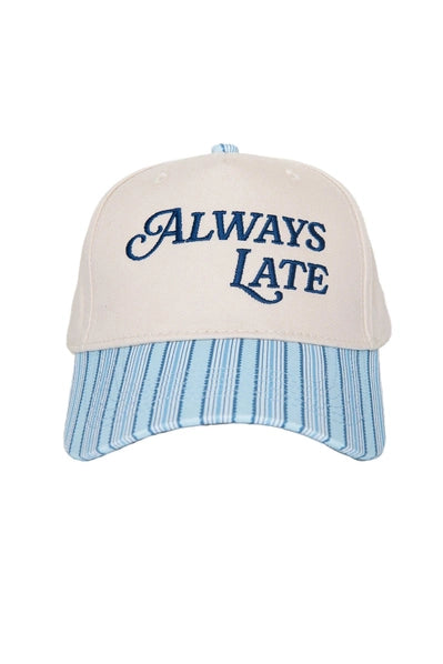 Always Late Vintage Style Trucker Hats For Graduation | Light Blue Stripe