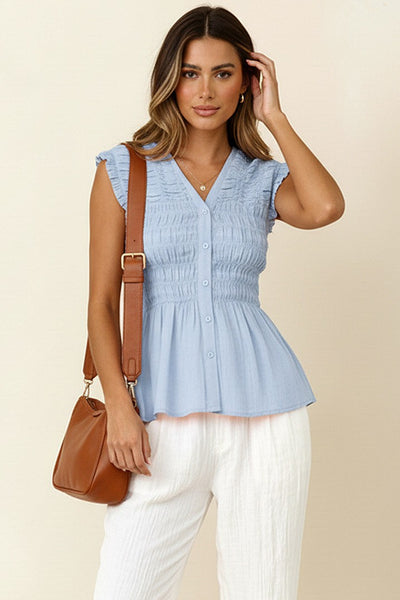 Solid V Neck Button Down Woven Blouse | Light Blue