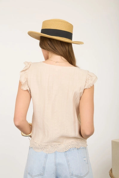 Embroidery Lace Trim Pintuck Button Down Top |LIGHT KHAKI