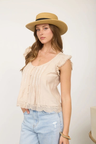 Embroidery Lace Trim Pintuck Button Down Top |LIGHT KHAKI