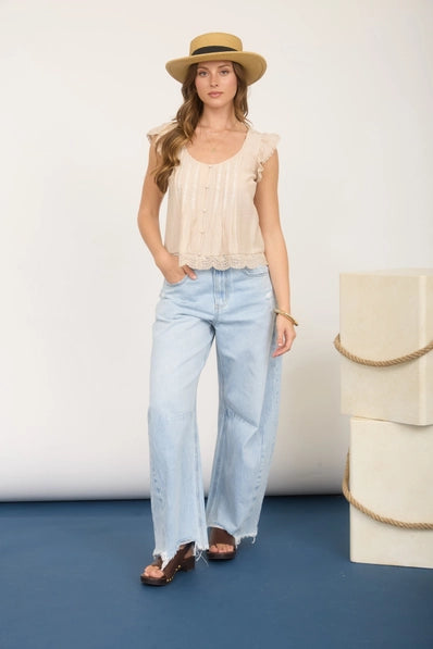 Embroidery Lace Trim Pintuck Button Down Top |LIGHT KHAKI