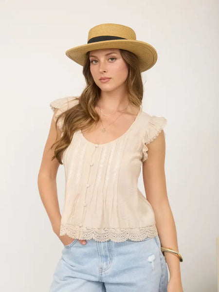 Embroidery Lace Trim Pintuck Button Down Top |LIGHT KHAKI