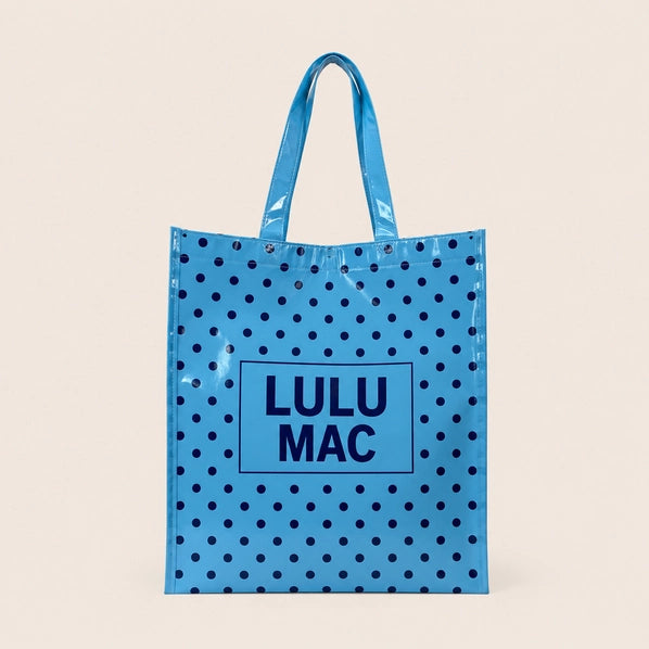 Lulu Mac Reusable Tote| Lt Blue Dark Blue Dots