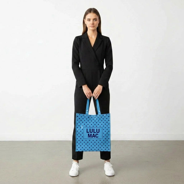 Lulu Mac Reusable Tote| Lt Blue Dark Blue Dots