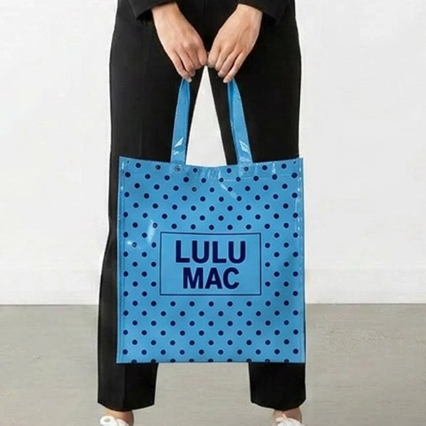Lulu Mac Reusable Tote| Lt Blue Dark Blue Dots