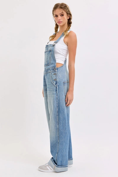 Relaxed Wide Leg Overall with Cuff| Medium Wash