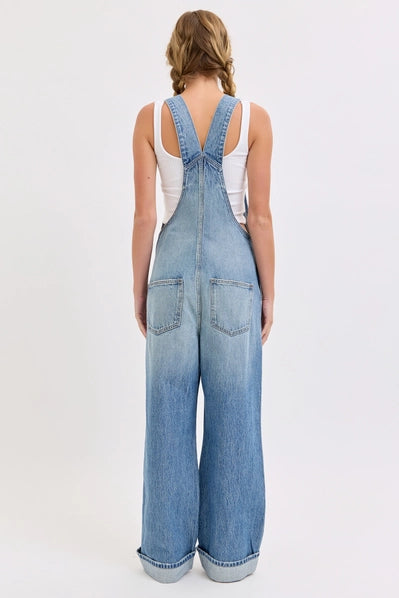 Relaxed Wide Leg Overall with Cuff| Medium Wash