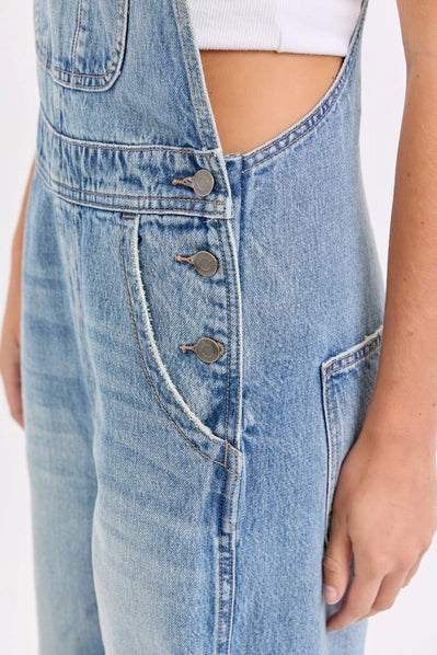 Relaxed Wide Leg Overall with Cuff| Medium Wash