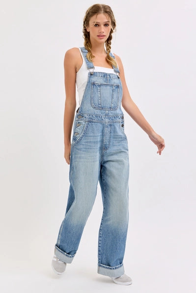 Relaxed Wide Leg Overall with Cuff| Medium Wash