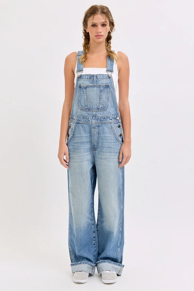 Relaxed Wide Leg Overall with Cuff| Medium Wash