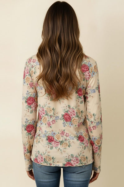 Merrow Hem Long Sleeve Vintage Floral Top | Oatmeal