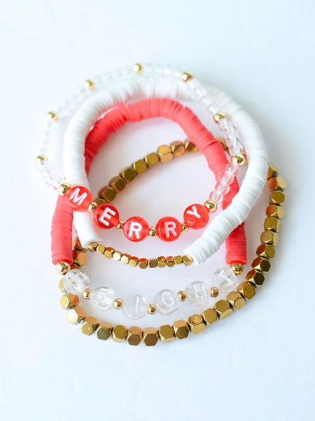 Merry and Bright Christmas Holiday Red & White Bracelet Set