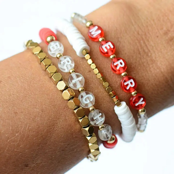 Merry and Bright Christmas Holiday Red & White Bracelet Set