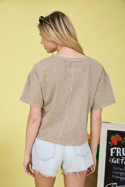 Raw Edge Exposed Seam Short Sleeve Knit Crop Top | Mocha