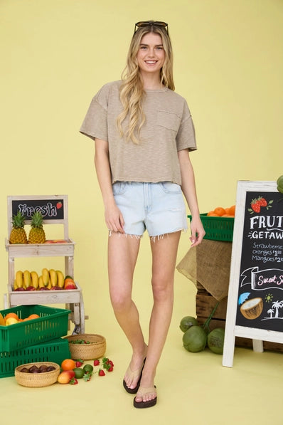 Raw Edge Exposed Seam Short Sleeve Knit Crop Top | Mocha