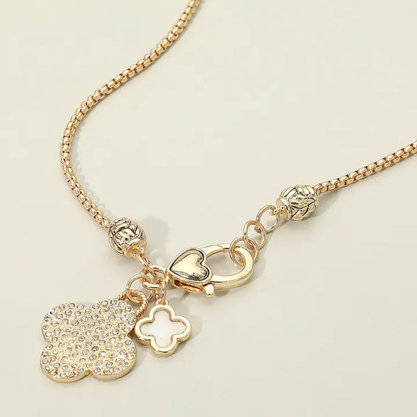 Stone Paved Mother of Pearl Quatrefoil Pendants Necklace | Gold