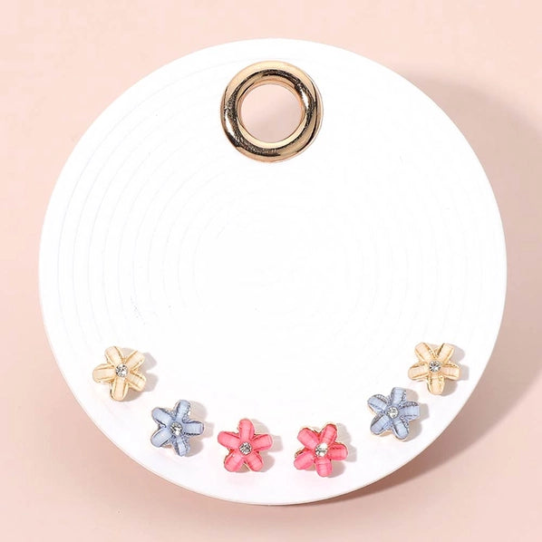 3Pairs - Mini Floral Stud Earring Set  Gold,Multi
