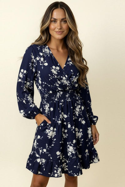 Surplice Long Sleeve Smocked Floral Dress | Navy