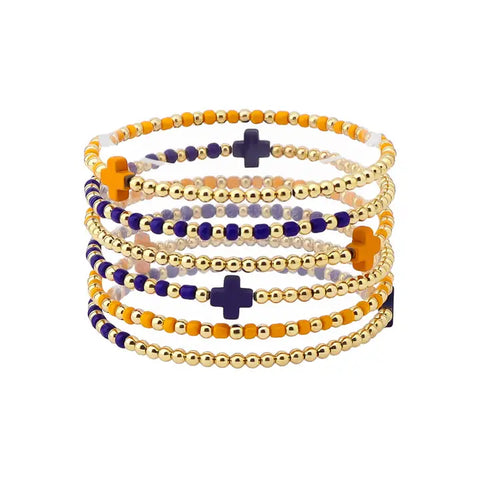 Gameday Set of 6 Orange and Navy Beaded Stretch Bracelets, Very Popular!