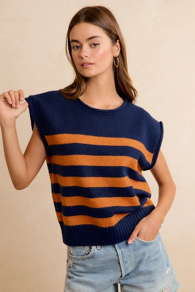 Gameday Theme Striped Sleeveless Knit Top | NAVY/ORANGE