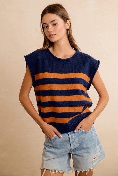 Gameday Theme Striped Sleeveless Knit Top | NAVY/ORANGE