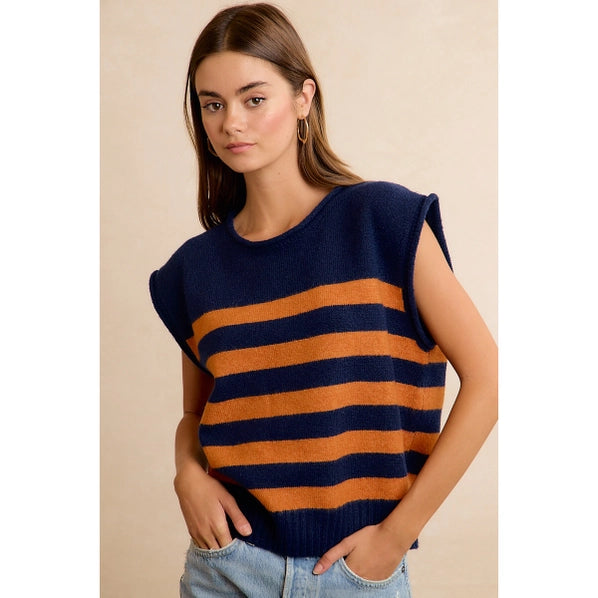 Gameday Theme Striped Sleeveless Knit Top | NAVY/ORANGE
