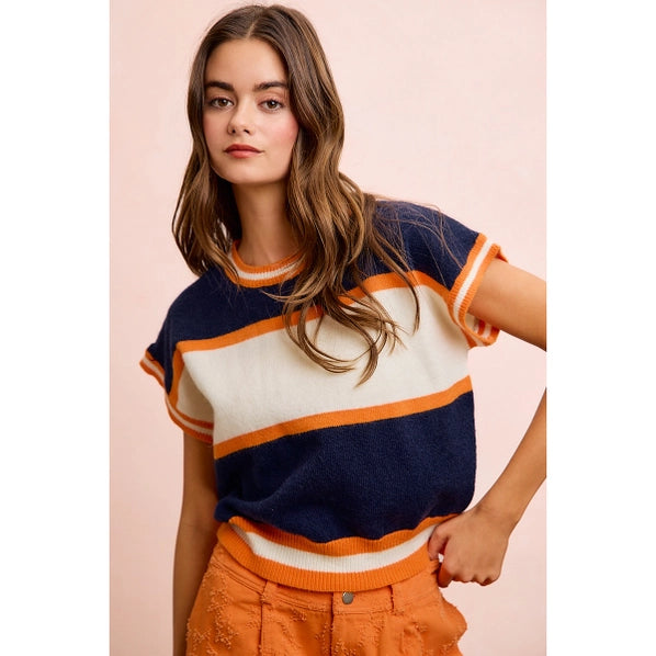 Gameday Theme Colorblock Realxed Fit Knit Top | Navy\Orange