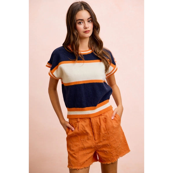 Gameday Theme Colorblock Realxed Fit Knit Top | Navy\Orange