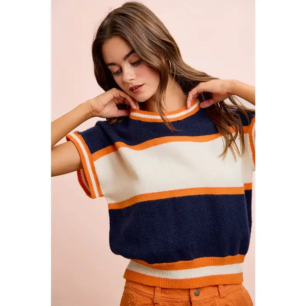 Gameday Theme Colorblock Realxed Fit Knit Top | Navy\Orange
