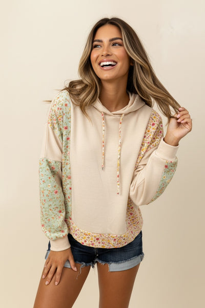 Floral Color Block Knit Top With Hoodie | Oatmeal