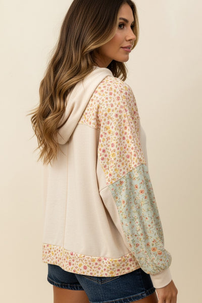 Floral Color Block Knit Top With Hoodie | Oatmeal