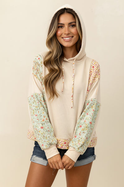 Floral Color Block Knit Top With Hoodie | Oatmeal