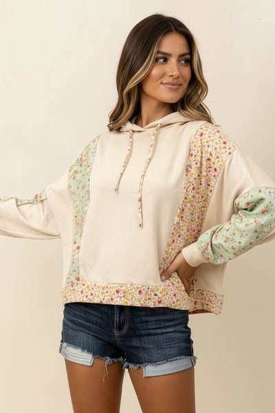 Floral Color Block Knit Top With Hoodie | Oatmeal