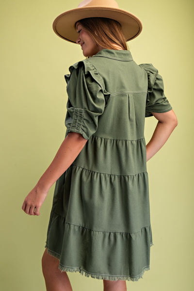Linen Button Up Shirt Dress | Olive