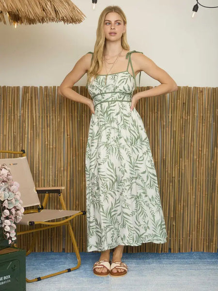 Leaf Print Spaghetti Tie Strap Midi Dress | Olive Multi