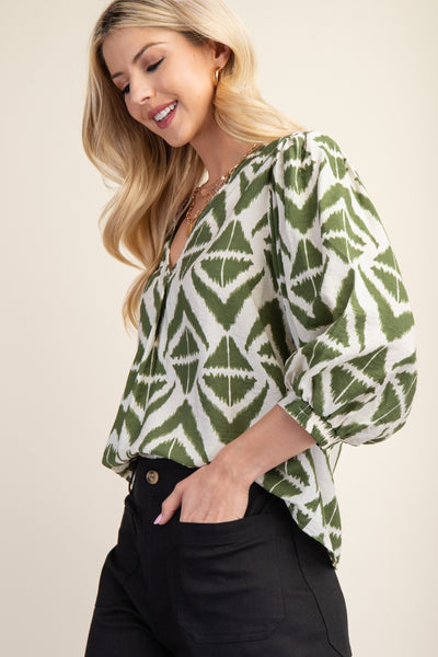 Bold Print V-neck Blouse With Voluminous Sleeves | Olive