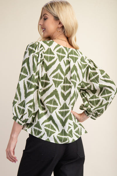 Bold Print V-neck Blouse With Voluminous Sleeves | Olive