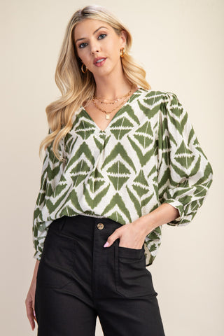 Bold Print V-neck Blouse With Voluminous Sleeves | Olive